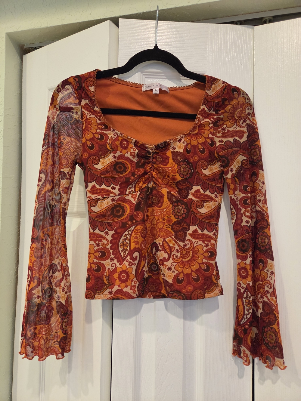 70s Inspired Crave Fame Orange Multi Paisley Ruched Long Sleeve Top